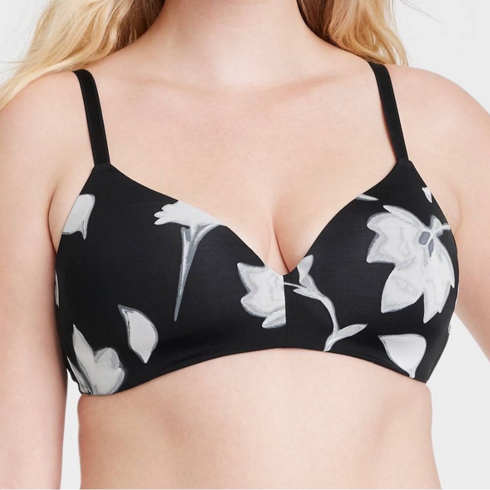 Auden Floral Print Bliss Lightly Lined Wire-Free Bra ~ Black ~ Size 38C